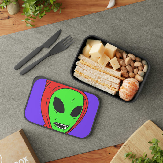 Red Hooded Green Visitor Big Bite Teeth PLA Bento Box with Band and Utensils