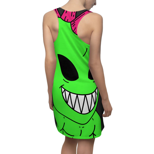 Spiked Pink Hair Muscle Alien Visitor Women's Cut & Sew Racerback Dress (AOP)