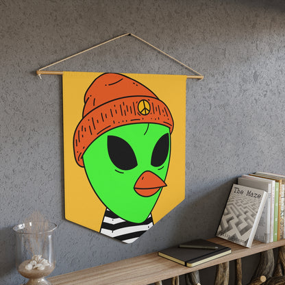 Burb Beak Green Alien Orange Peace Hat Black White Striped Shirt Pennant