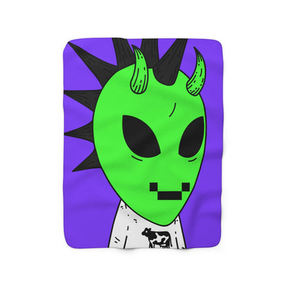 Cow Green Alien Spike Black Hair Digital Smile Visitor Sherpa Fleece Blanket