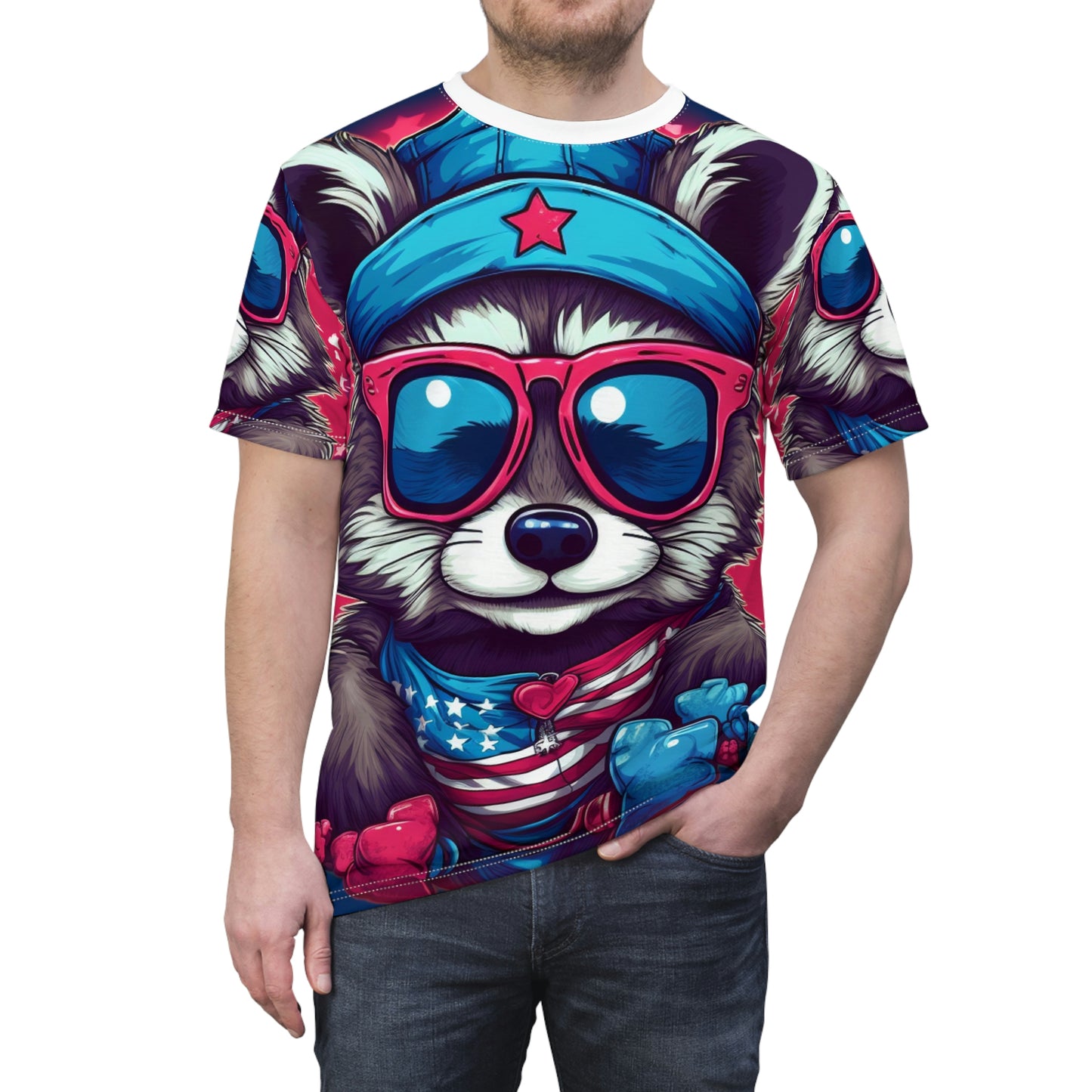 Cute Furry Raccoon Animal USA Flag Style Unisex Cut & Sew Tee (AOP)