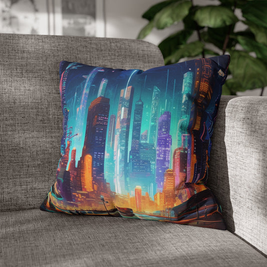 Futuristic Neon Cyberpunk Cityscape Art Design Spun Polyester Square Pillow Case