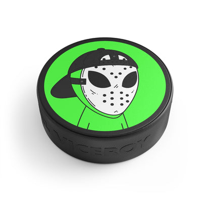 White Hockey Mask Green Alien Visitor Hockey Puck