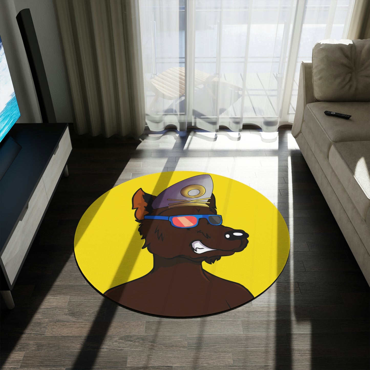 Wolf Cyborg Sailor Hat Shirtless Sunglasses Brown Fur Round Rug