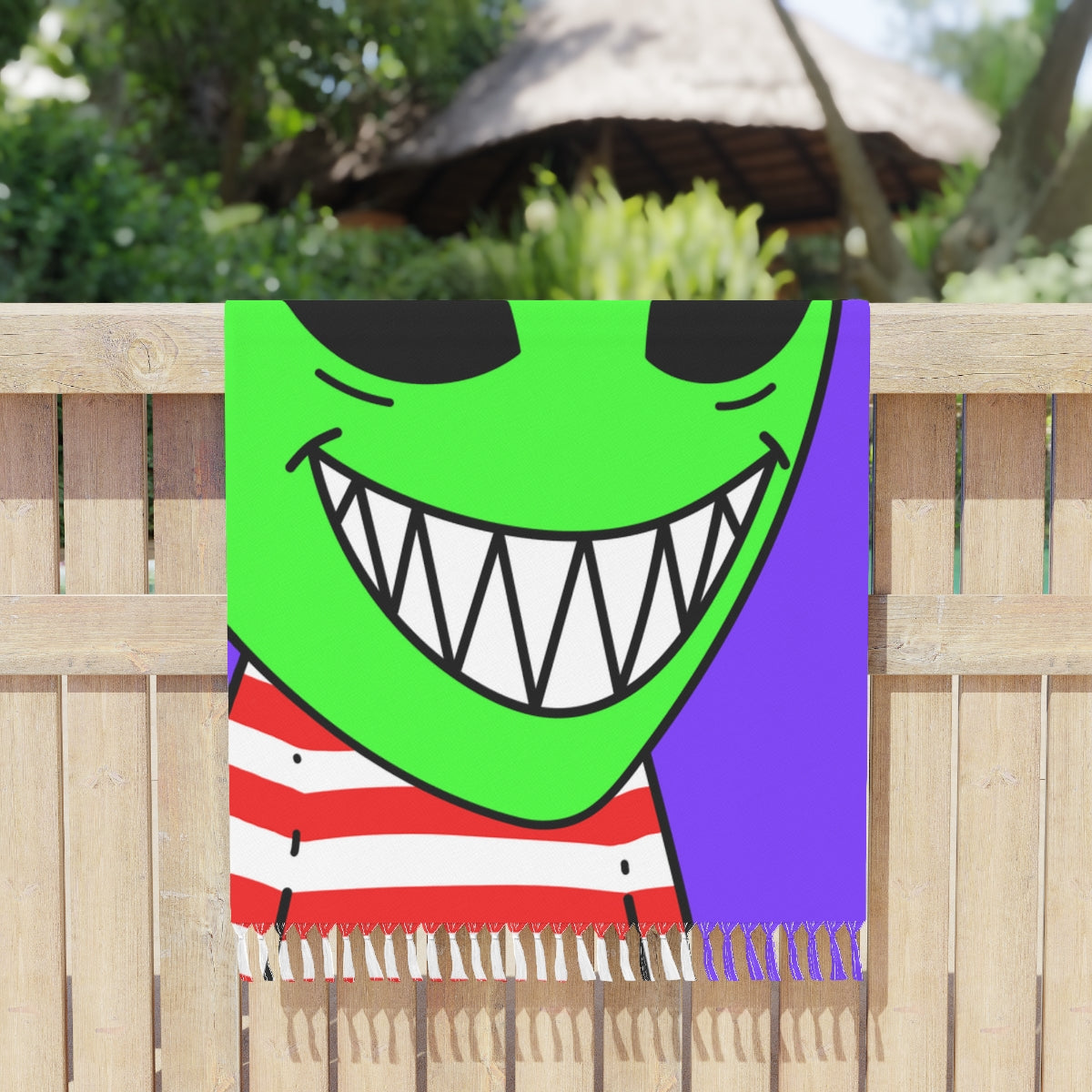 Alien Character Cartoon Red Hat Striped Shirt Big Smile Boho Beach Cloth