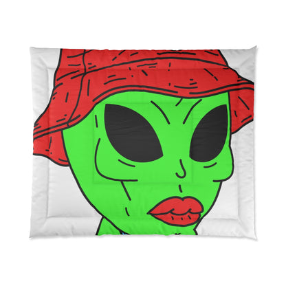 Viejo alienígena verde, barbilla fuerte, sombrero rojo Visi, pantalón de granjero, cama de visitante Colcha