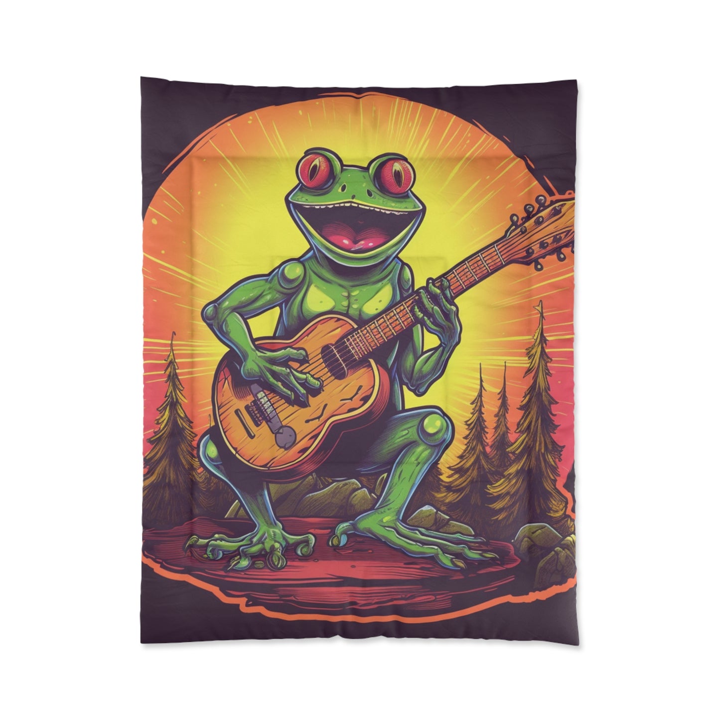 Classic Frog ontop a log Style Guitar Playing Musician Comforter