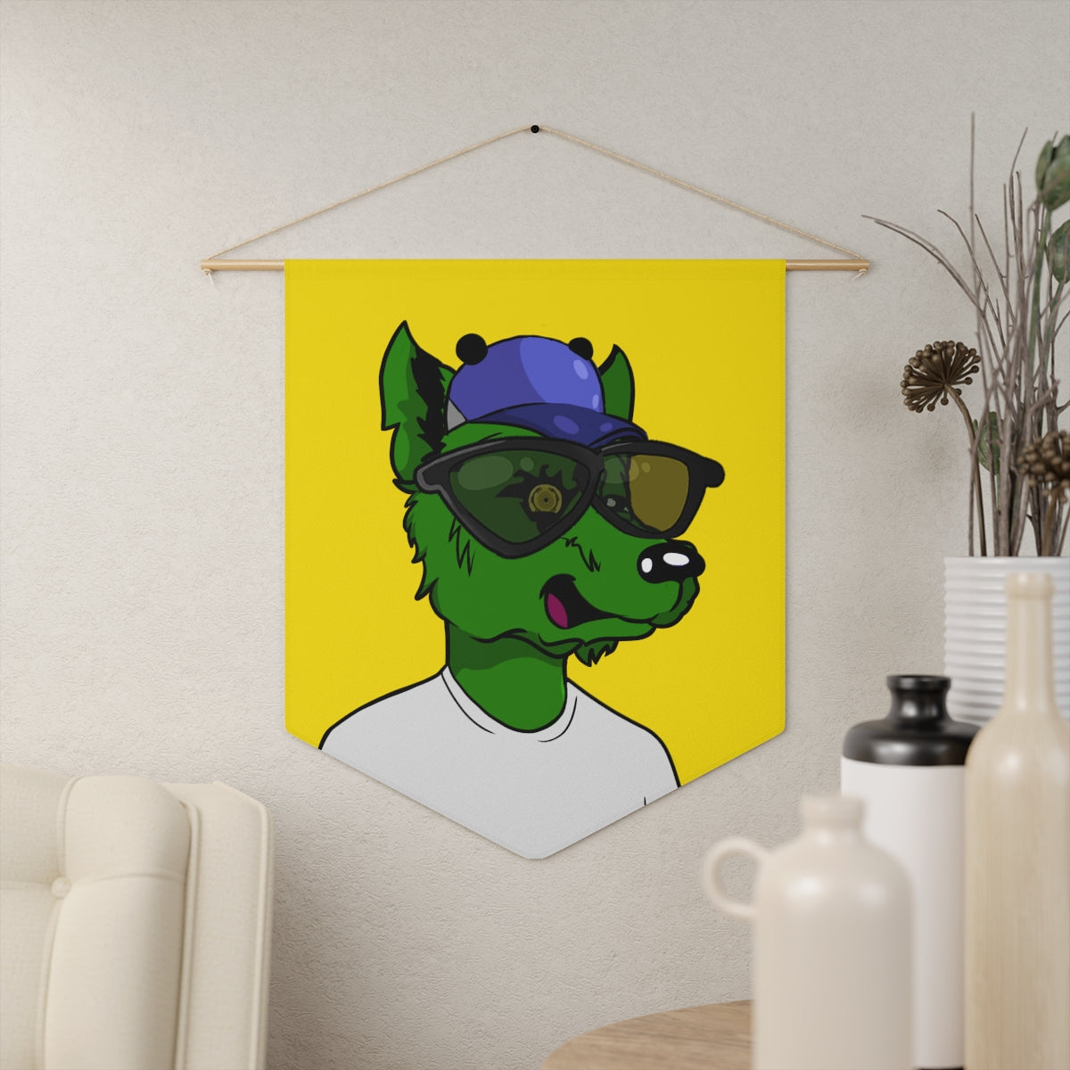 Cyborg Wolve Large Black Sunglasses Green Wolf Fur White T Shirt Pennant