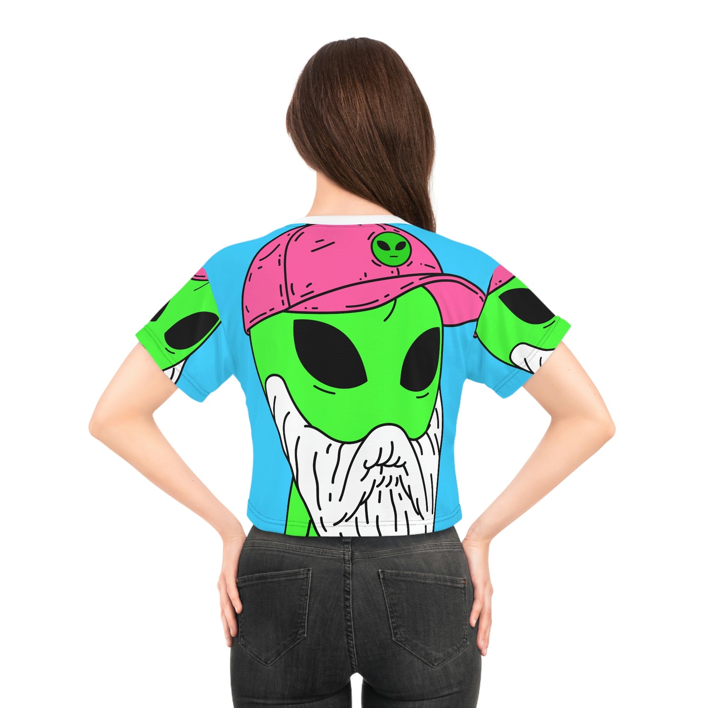 Beard Visitor Pink Hat Alien Cartoon Crop Tee (AOP)