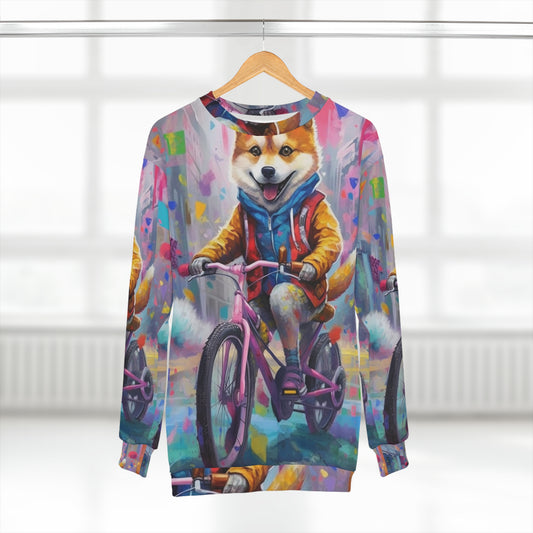 Shiba Inu on Bike Graffiti-Style Art: Colorful, Happy, Post-Apocalyptic Design Unisex Sweatshirt (AOP)