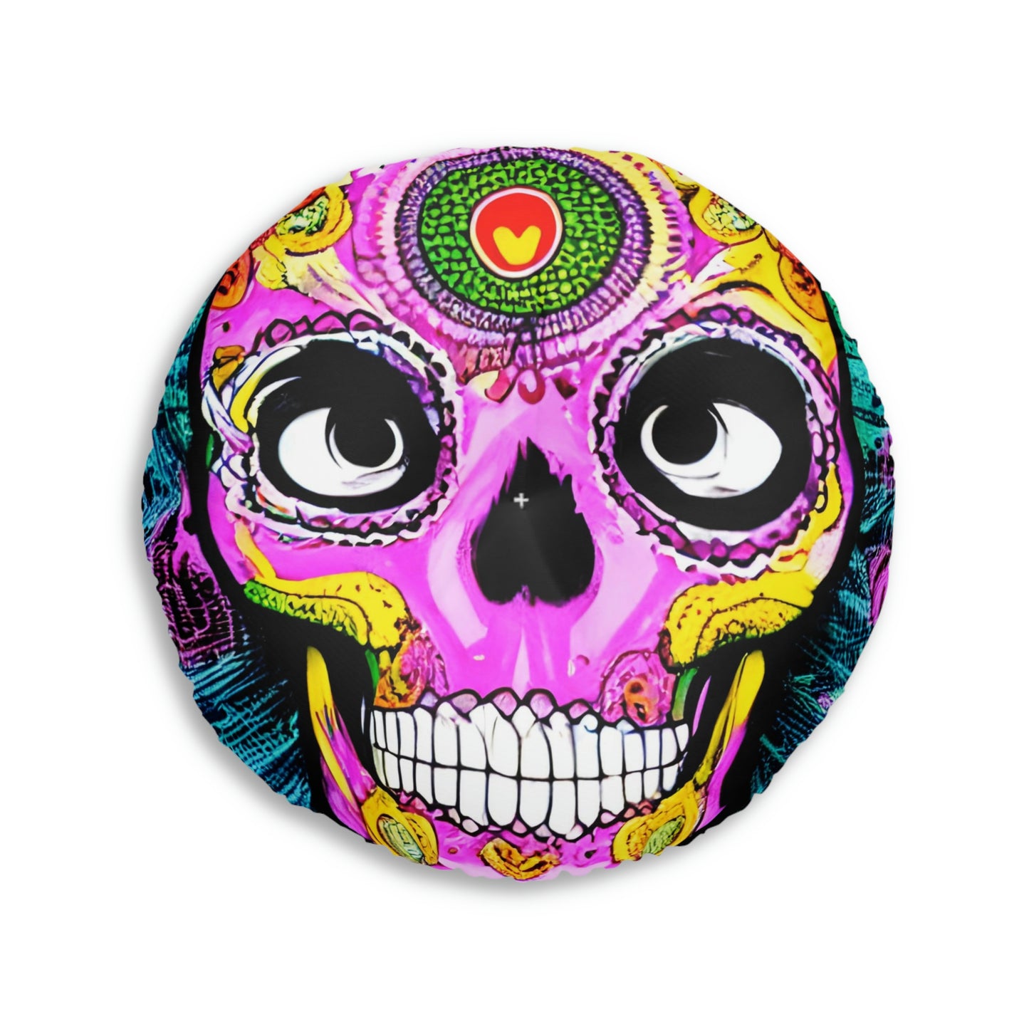 Trippy psychedelic Skull Skeleton Head Face Tufted Floor Pillow, Round