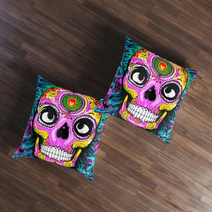 Cojín de suelo capitoné con cara de esqueleto de calavera psicodélica trippy, cuadrado 