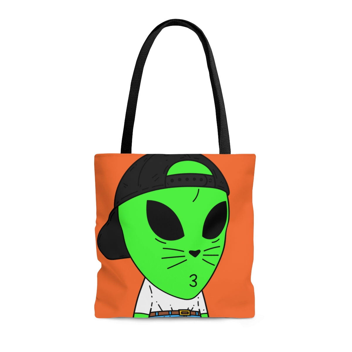 Cat Whiskers Visitor Green Alien Heart Nose Black Cap AOP Tote Bag