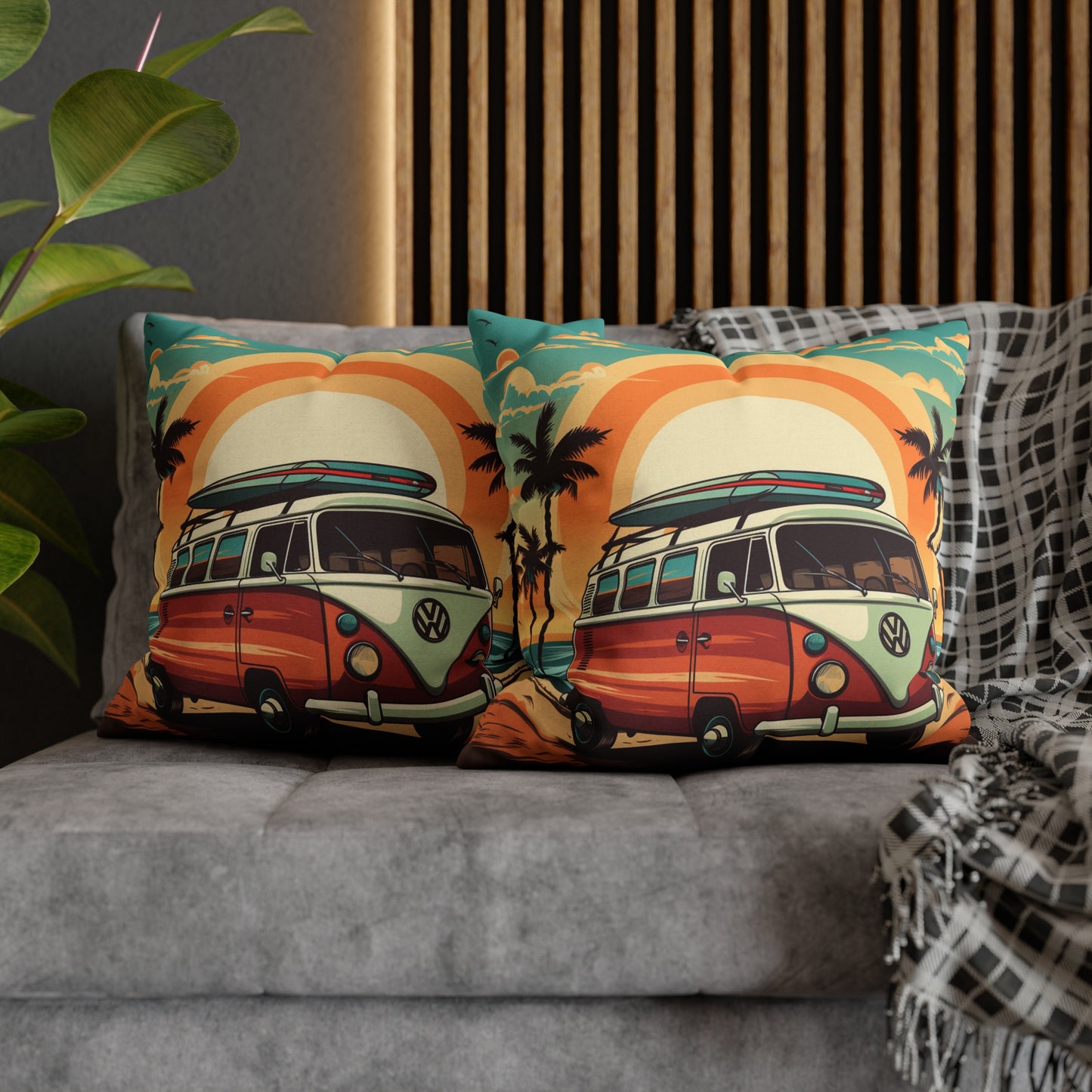 Retro Beach Camper Van - Sunset Surfboard Scene Spun Polyester Square Pillow Case