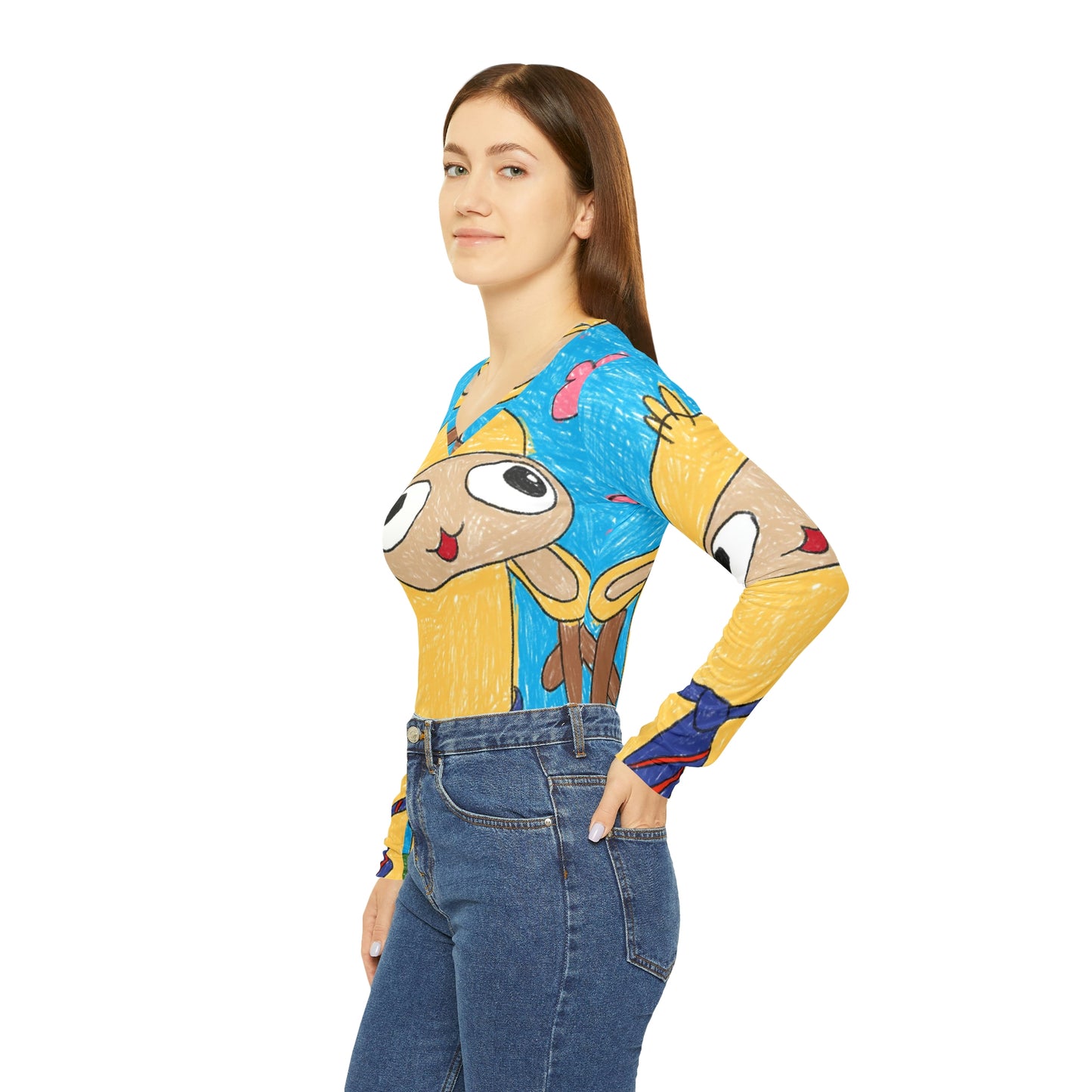 Amantes de las llamas: camisa de manga larga con cuello en V para mujer con diseño de corazón y animal 