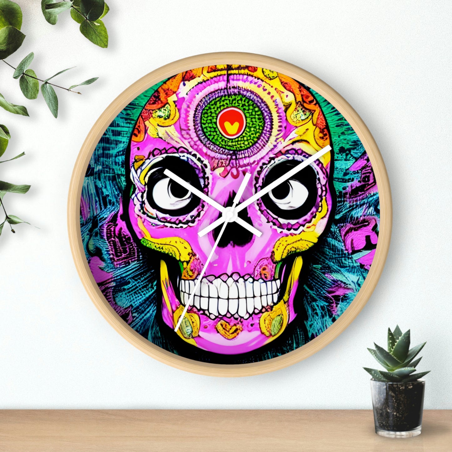 Trippy psychedelic Skull Skeleton Head Face Wall clock