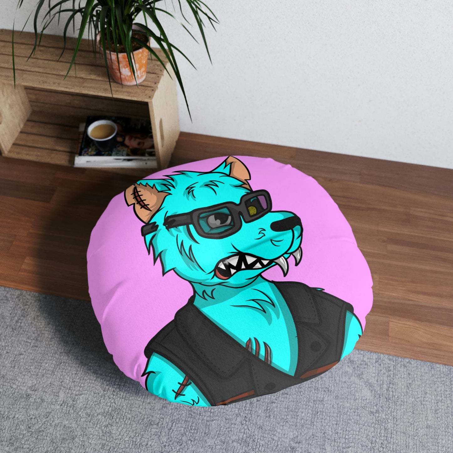 Wolve Aqua Water Blue Wolf Cyborg Tufted Floor Pillow, Round