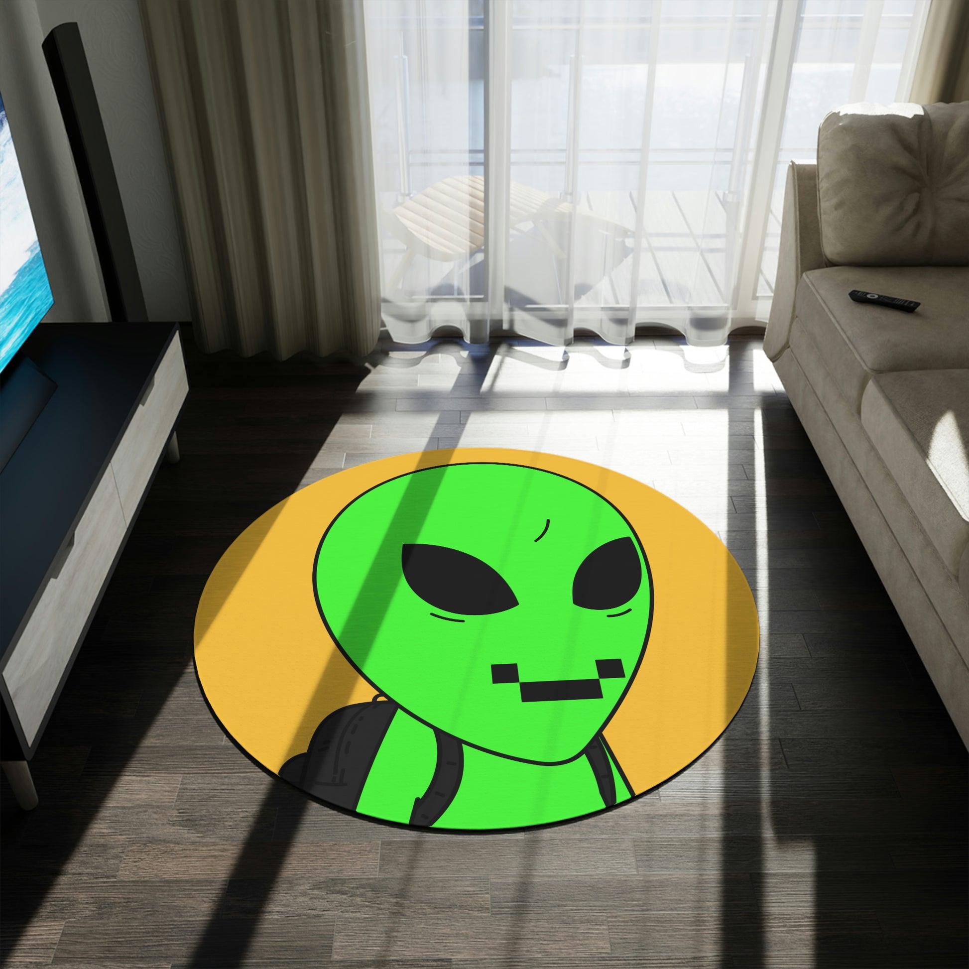 Green Alien Visitor Digital Face Black Backpack Round Rug - Visitor751