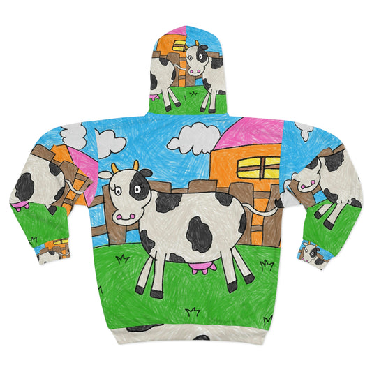 Cow Moo Farm Barn Animal Character AOP Unisex Zip Hoodie