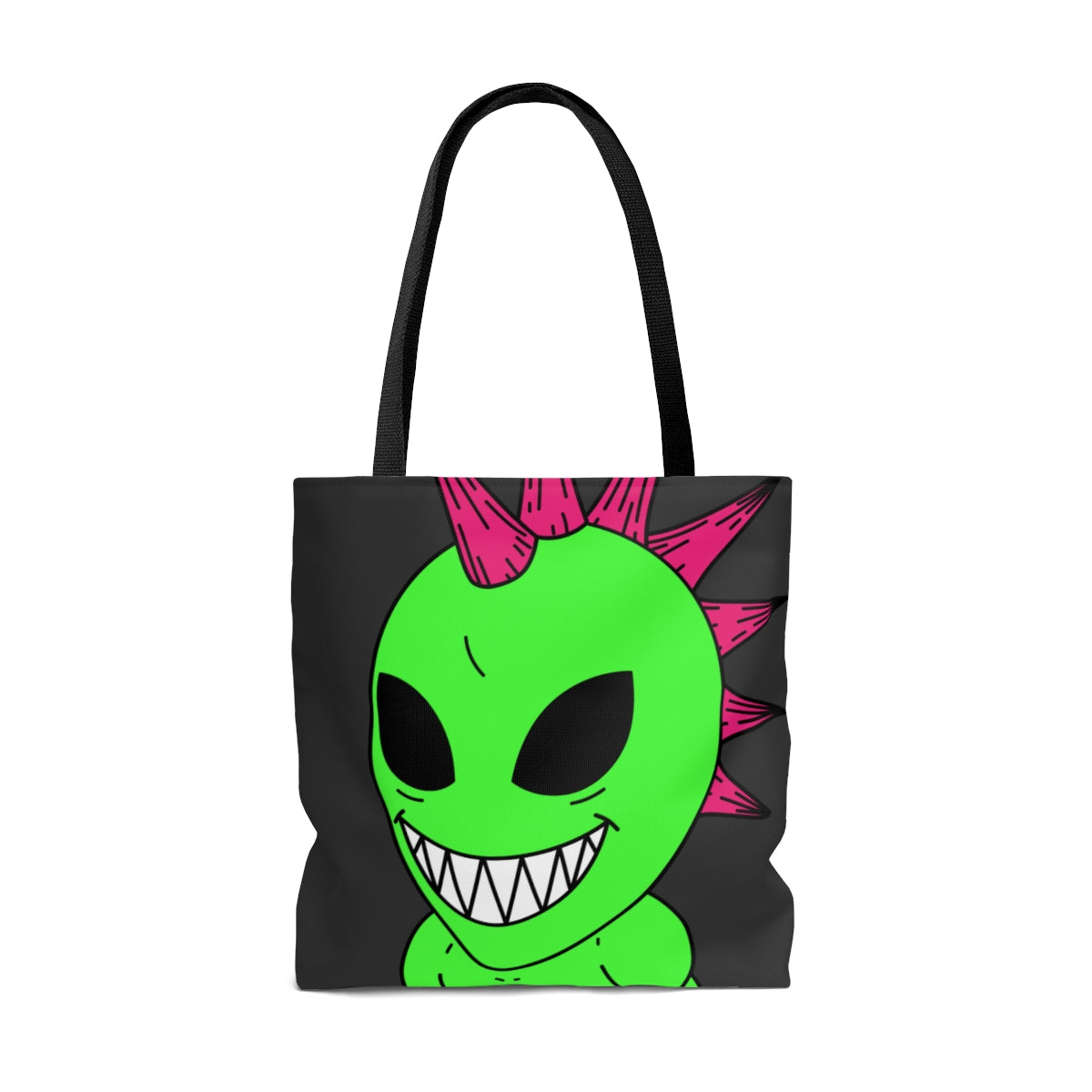 Spiked Pink Hair Muscle Big Smile Green Alien Visitor AOP Tote Bag