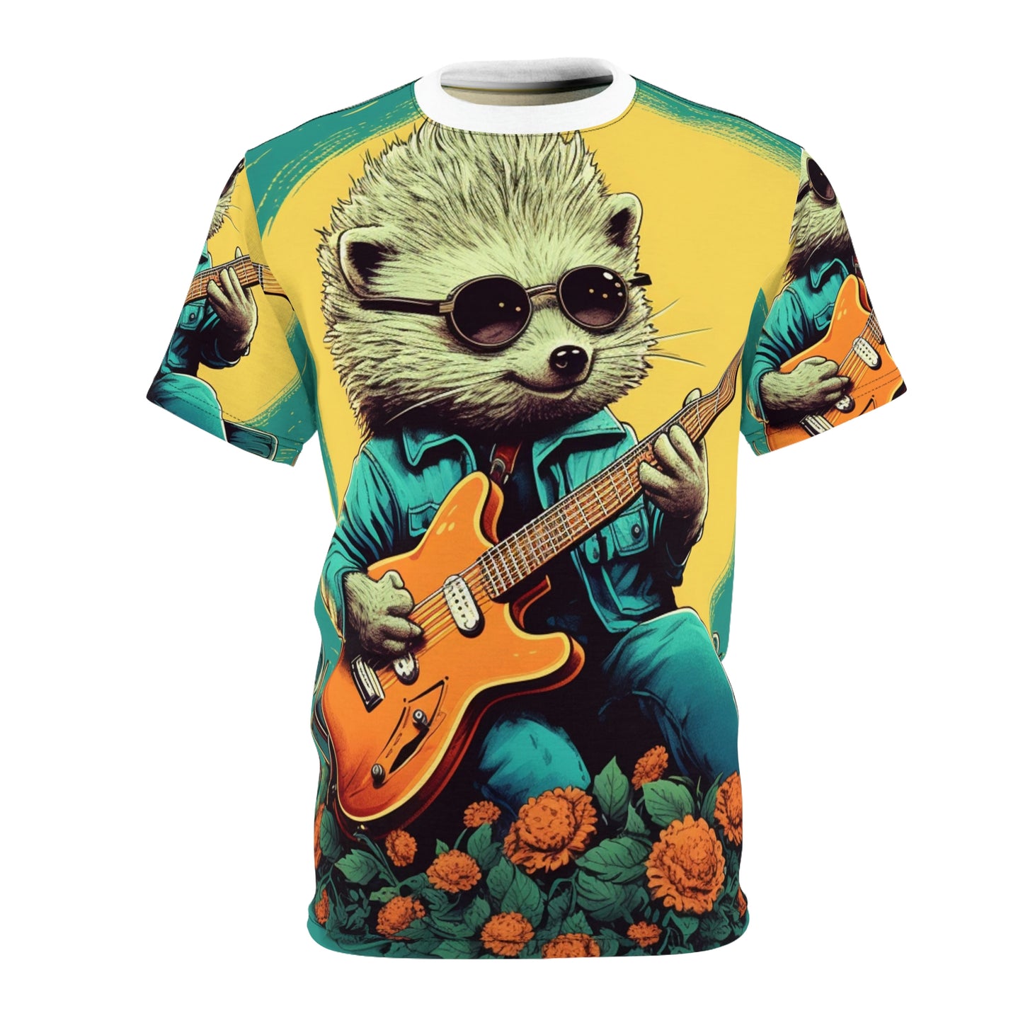 Hedgehog Rock Star Classic Animal Guitarist Graphic Unisex Cut & Sew Tee (AOP)