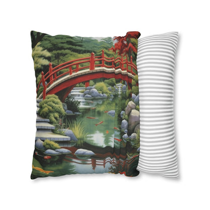 Japanese Garden Art - Tranquil Koi Pond Red Bridge Spun Polyester Square Pillow Case