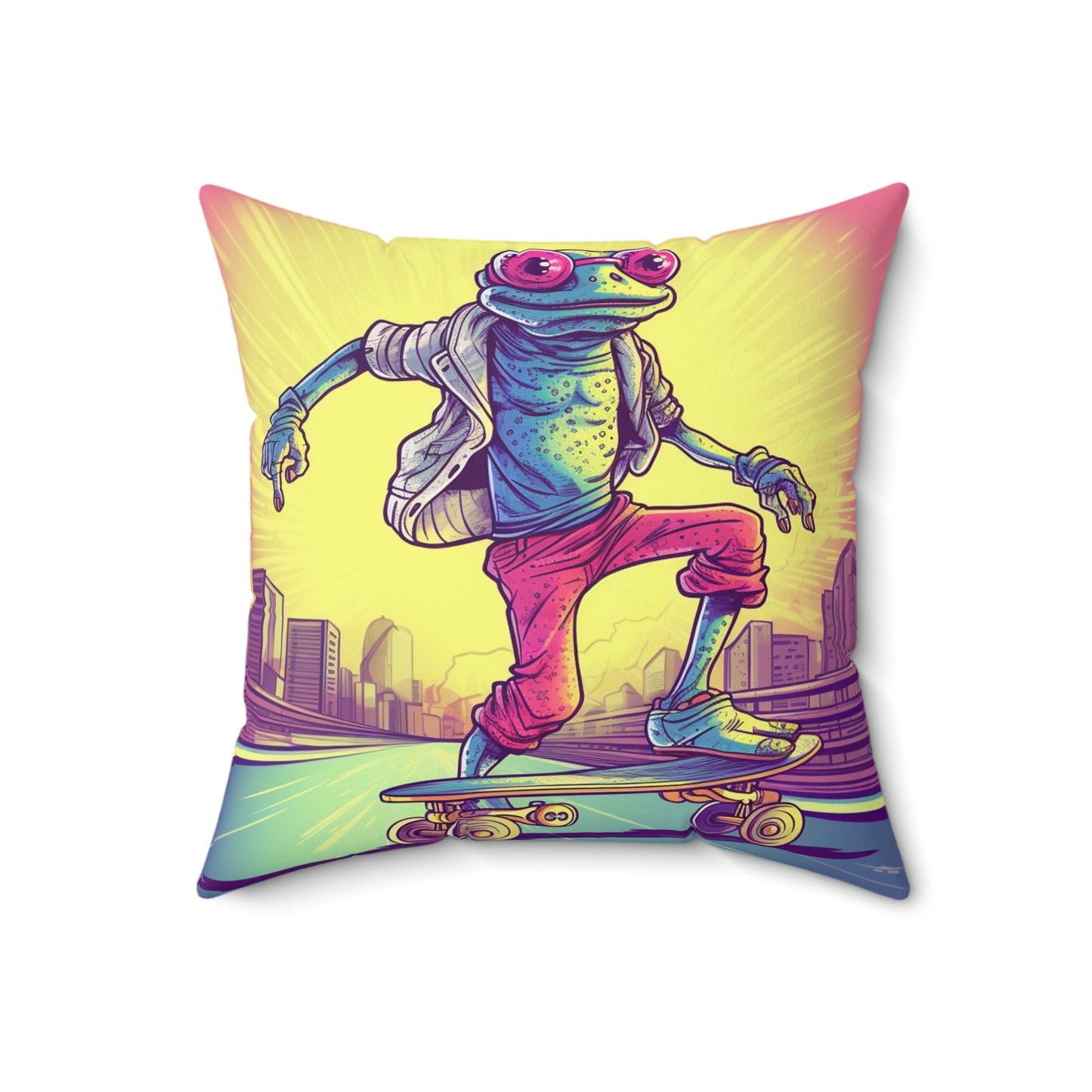 City Frog Skate Board Rider Playful Fun Anime Graphic Spun Polyester Square Pillow