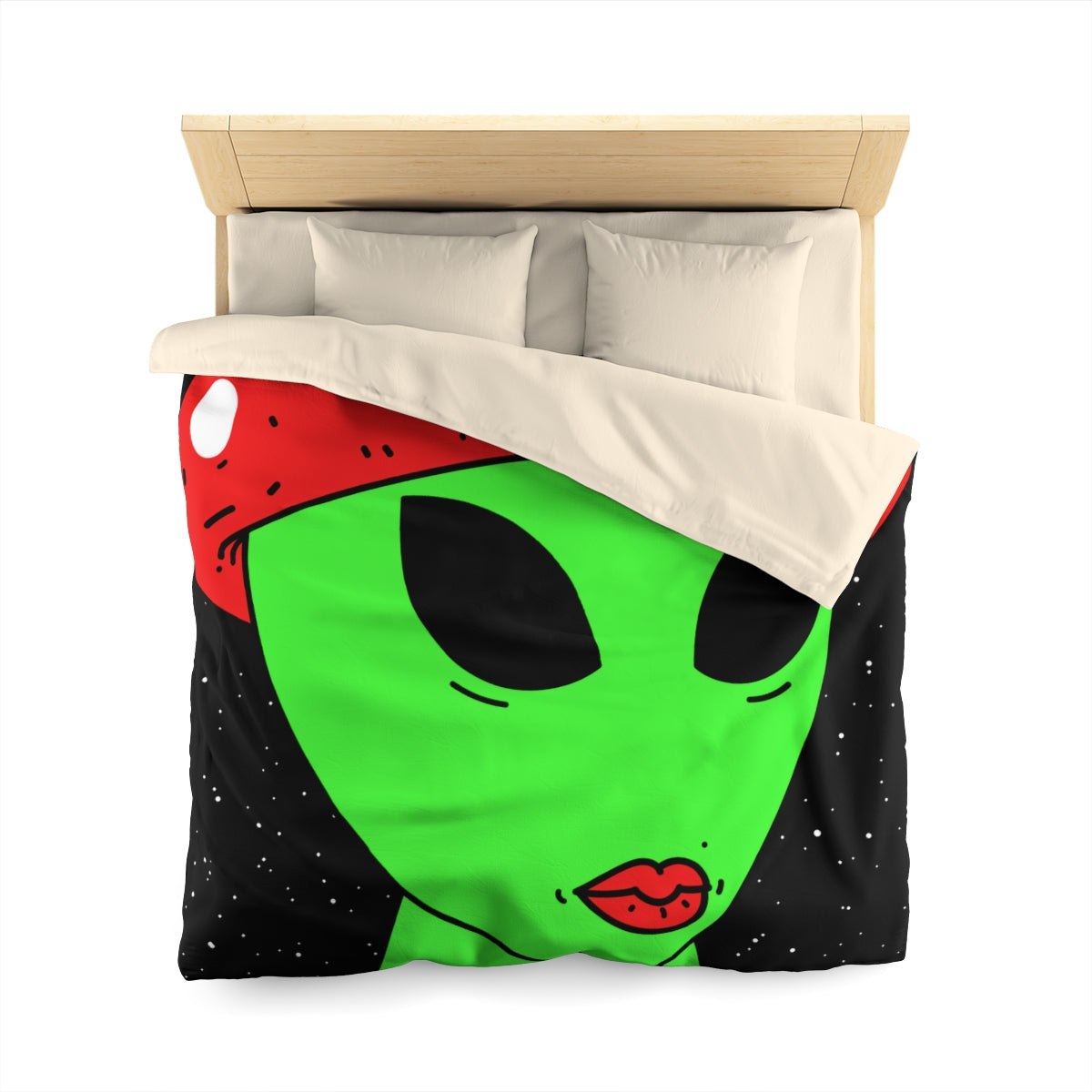 Mushroom Head Green Alien Visitor w/ Red Lips Microfiber Duvet Cover - Visitor751