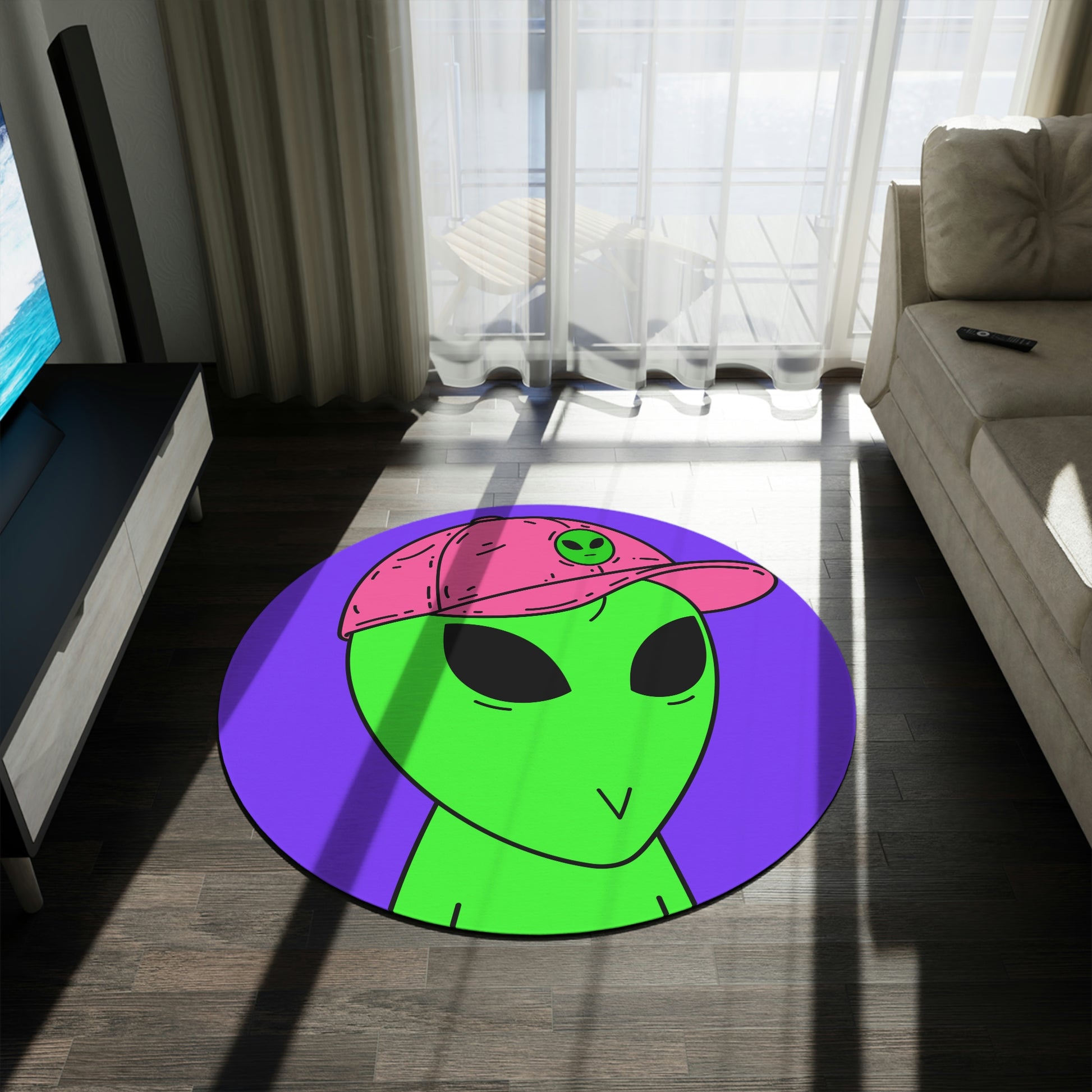 Green Alien V Face Pink Visi hat Visitor Round Rug - Visitor751