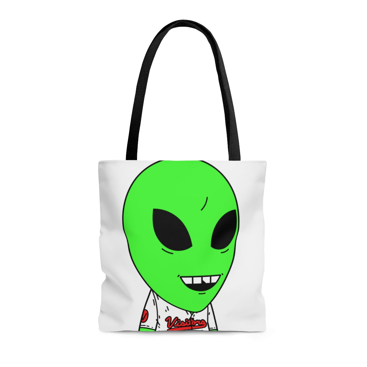 Visi Jersey Chipped Tooth Large Smile Face Green Alien Visitor AOP Tote Bag