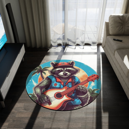Ukulele Playing Raccoon - Furry Animal Music Island Art Round Rug