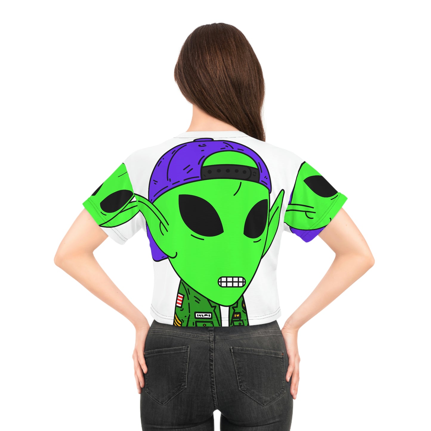 Green Military Army Jacket pointy ear Visitor Alien Crop Tee (AOP)