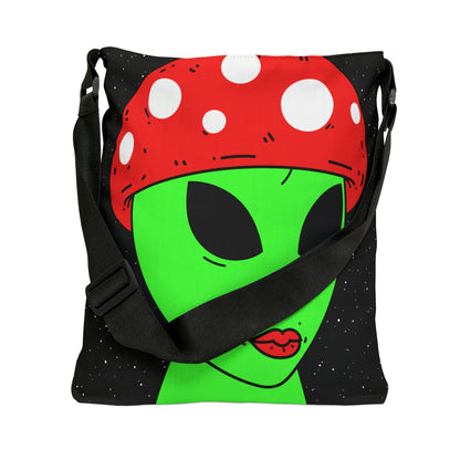 Mushroom Head Green Alien Visitor w/ Red Lips Adjustable Tote Bag (AOP)