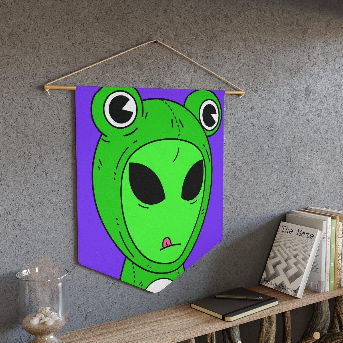 Green Kek Frog Alien Space Character Cartoon Pink Tongue Visitor Pennant