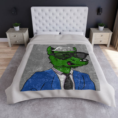 Cyborg Wolf Blue Suit Black Tie Green Fur Black Shades grey Fedora Crushed Velvet Blanket