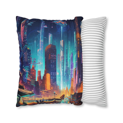 Futuristic Neon Cyberpunk Cityscape Art Design Spun Polyester Square Pillow Case