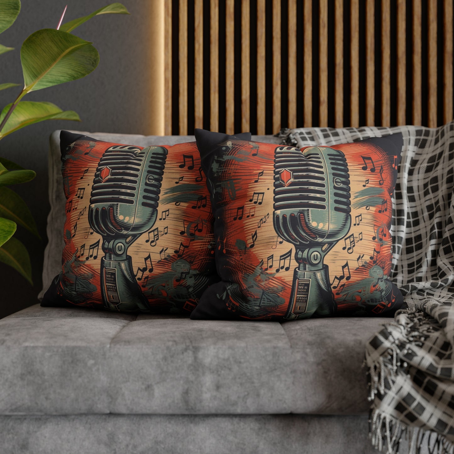 Micrófono retro y notas musicales - Funda de almohada cuadrada de poliéster hilado con diseño de estilo vintage 