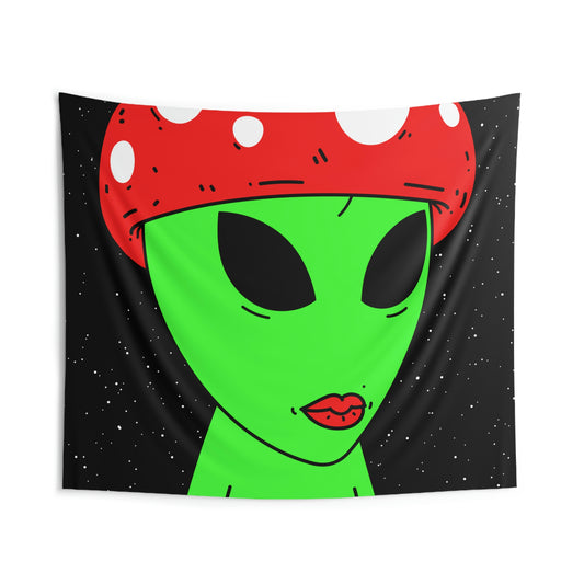 Mushroom Head Green Alien Visitor w/ Red Lips Indoor Wall Tapestries - Visitor751