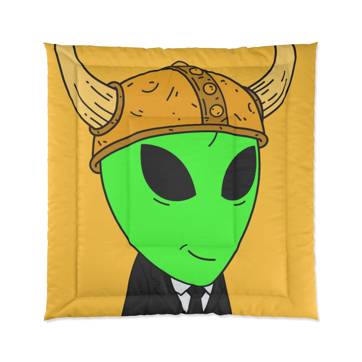 Green Smirk Face Alien Viking Helmet Black Business Suit Visitor Bed Comforter