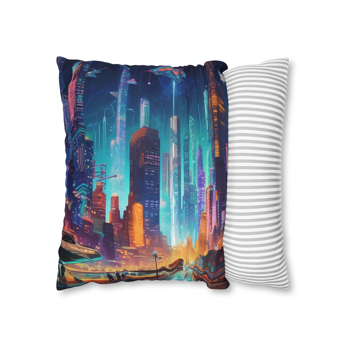 Futuristic Neon Cyberpunk Cityscape Art Design Spun Polyester Square Pillow Case