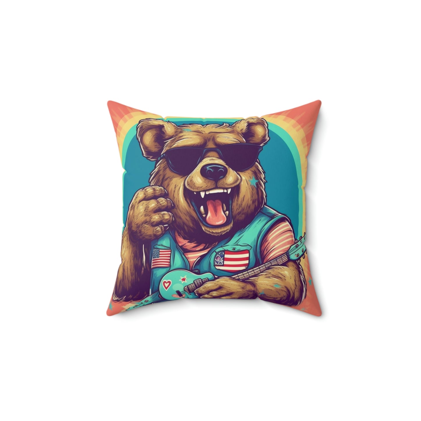 Mandolin Ukulele Guitar Instrument Furry USA Bear Animal Spun Polyester Square Pillow