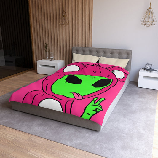 Funda Nórdica De Microfibra Extraterrestre Visitante Lengua Mano Paz Verde Oso Rosa