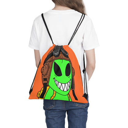 Aviator Flying Cap Green Alien Visitor Big Smile Teeth Yellow Backpack Outdoor Drawstring Bag