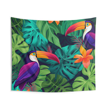 Vivid Tropical Birds & Leaves - Seamless Pattern Indoor Wall Tapestries