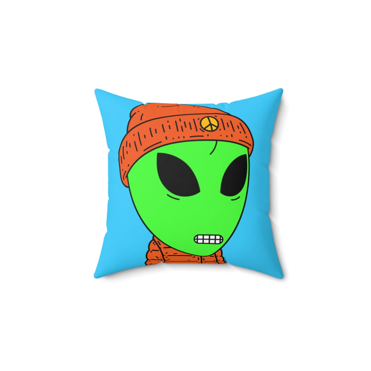 Orange Puffy Jacket Digital Teeth Peace Hat Visitor Alien Spun Polyester Square Pillow