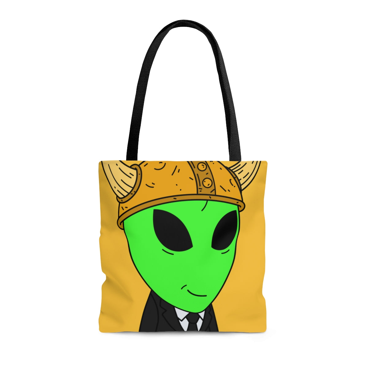 Green Smirk Face Alien Viking Helmet Black Business Suit Visitor AOP Tote Bag