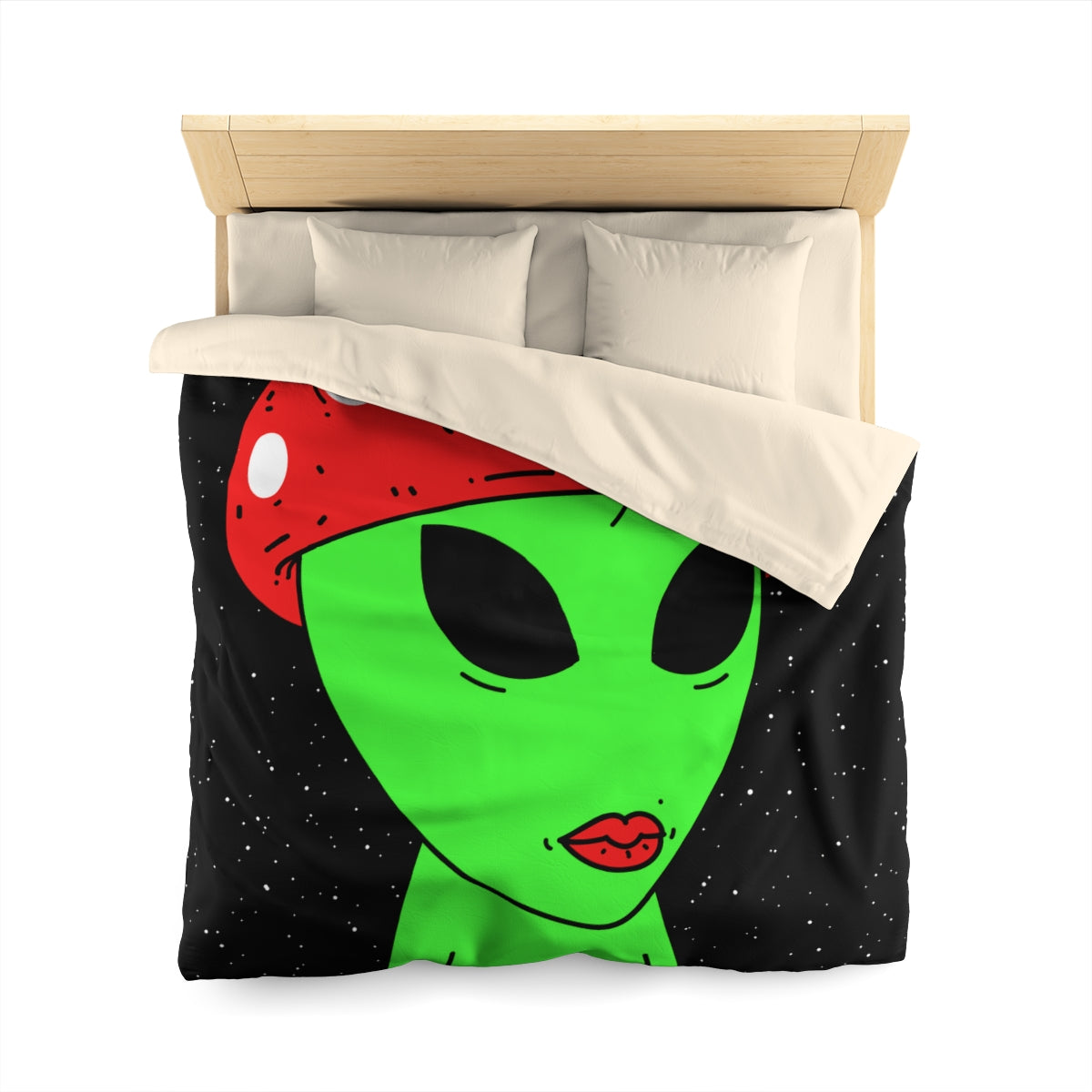 Mushroom Head Green Alien Visitor w/ Red Lips Microfiber Duvet Cover