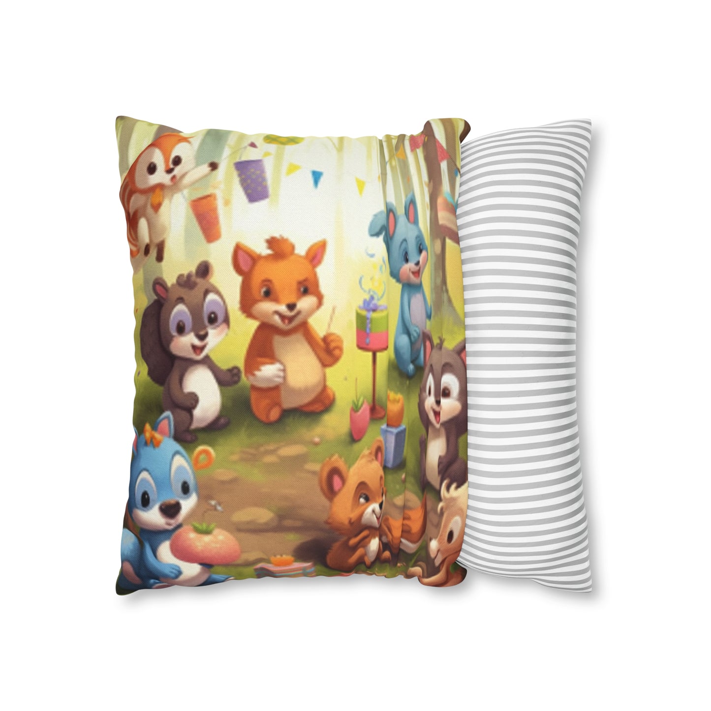 Nursery Art - Cartoon Forest Animals Party Design Spun Polyester Square Pillow Case