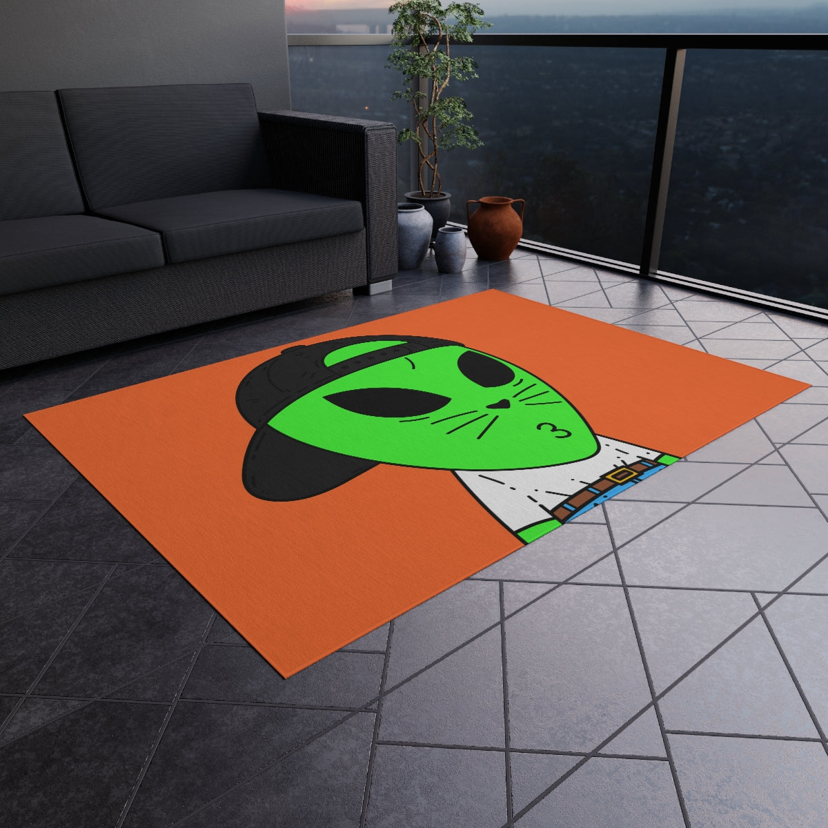 Cat Whiskers Visitor Green Alien Heart Nose Black Cap Outdoor Rug