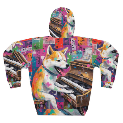 Arte estilo graffiti Shiba Inu tocando el piano: sudadera con capucha unisex colorida, feliz y post-apocalíptica (AOP) 